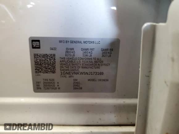 2022 Chevrolet Traverse High Country с VIN 1GNEVNKW5NJ173169, выставлен на аукционе Copart как лот 61679225 с пробегом 59 320 миль миль и Списание • Salvage title. История ставок и продаж доступна на DreamBid. Изображение 14.