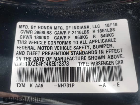 ✅ 2019 Honda Insight LX • VIN: 19XZE4F14KE012873 • Lot: 43430283. Wystawiony na IAAI z przebiegiem 50 711 mil. Bezpłatny archiwum sprzedaży aukcyjnych z USA i szczegółowy raport historii pojazdu na DreamBid. Zdjęcie 9.