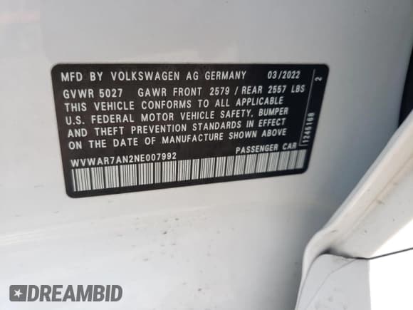 ✅ 2022 Volkswagen Arteon SEL R-Line • VIN: WVWAR7AN2NE007992 • Lot: 44166215. Listed on Copart with 35,449 mi. Free auction sales archive from the USA and detailed vehicle history report at DreamBid. Image 15.