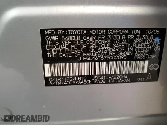 ✅ 2007 Lexus LS 460 L • VIN: JTHGL46F675002095 • Lot: 57713415. Listed on Copart with 164,548 mi. Free auction sales archive from the USA and detailed vehicle history report at DreamBid. Image 12.