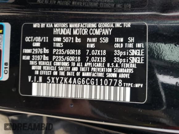 ✅ 2012 Hyundai Santa Fe Limited • VIN: 5XYZK4AG6CG110778 • Lot: 69934314. Listed on Copart with 172,850 mi. Free auction sales archive from the USA and detailed vehicle history report at DreamBid. Image 15.