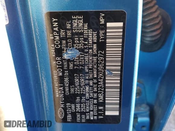 2019 Hyundai Tucson SE with VIN KM8J23A42KU962972, listed as a Copart auction lot 81912205 with 64,142 mi miles and Salvage title. Bid and sale history available at DreamBid. Image 13.