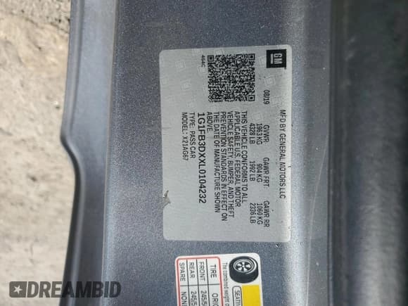 ✅ 2020 Chevrolet Camaro 1LT • VIN: 1G1FB3DXXL0104232 • Lot: 56117385. Listed on Copart with 59,751 mi. Free auction sales archive from the USA and detailed vehicle history report at DreamBid. Image 12.