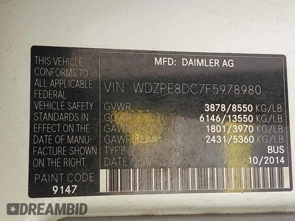 ✅ 2015 Mercedes-Benz Sprinter • VIN: WDZPE8DC7F5978980 • Lot: 43098731. Wystawiony na IAAI z przebiegiem 240 532 mil. Bezpłatny archiwum sprzedaży aukcyjnych z USA i szczegółowy raport historii pojazdu na DreamBid. Zdjęcie 9.