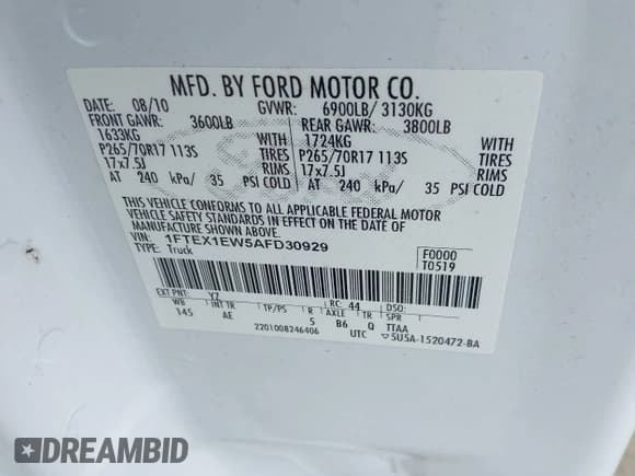 ✅ 2010 Ford F-150 XL • VIN: 1FTEX1EW5AFD30929 • Лот: 42568100. Опубликован ранее на IAAI с пробегом 183 708 миль. Бесплатный доступ к архиву аукционных продаж из США и подробный отчёт об истории автомобиля на DreamBid. Изображение 9.