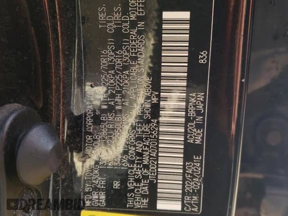 2007 Toyota Highlander w/3rd Row с VIN JTEDD21A070156294, выставлен на аукционе Copart как лот 46403115 с пробегом 187 976 миль миль и Списание • Salvage title. История ставок и продаж доступна на DreamBid. Изображение 12.