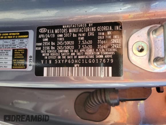 ✅ 2020 Kia Telluride S • VIN: 5XYP6DHC1LG017679 • Lot: 61028995. Listed on Copart with 35,743 mi. Free auction sales archive from the USA and detailed vehicle history report at DreamBid. Image 13.