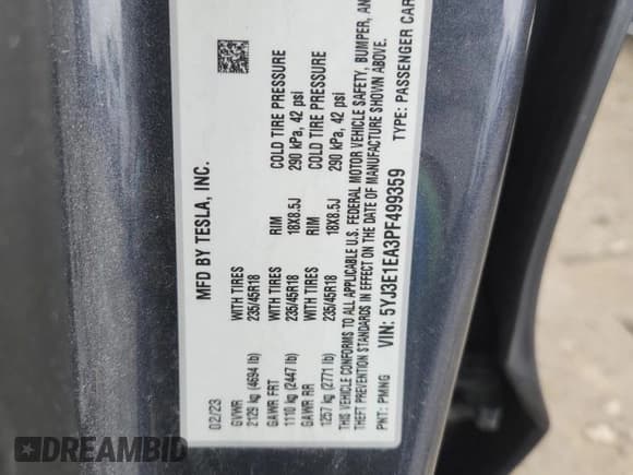 ✅ 2023 Tesla Model 3 • VIN: 5YJ3E1EA3PF499359 • Lot: 86068015. Listed on Copart with 52,139 mi. Free auction sales archive from the USA and detailed vehicle history report at DreamBid. Image 13.