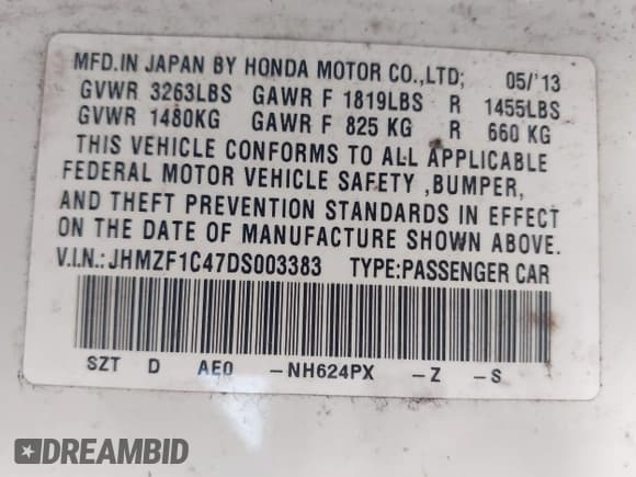 ✅ 2013 Honda CR-Z • VIN: JHMZF1C47DS003383 • Lot: 42569894. Listed on IAAI with 90,107 mi. Free auction sales archive from the USA and detailed vehicle history report at DreamBid. Image 9.