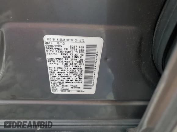 ✅ 2012 Nissan Murano LE • VIN: JN8AZ1MW4CW235649 • Lot: 80492915. Listed on Copart with 87,210 mi. Free auction sales archive from the USA and detailed vehicle history report at DreamBid. Image 13.