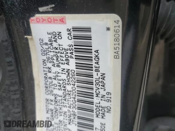 ✅ 2002 Lexus ES 300 • VIN: JTHBF30G420042260 • Lot: 92875145. Wystawiony na Copart z przebiegiem 130 145 mil. Bezpłatny archiwum sprzedaży aukcyjnych z USA i szczegółowy raport historii pojazdu na DreamBid. Zdjęcie 12.