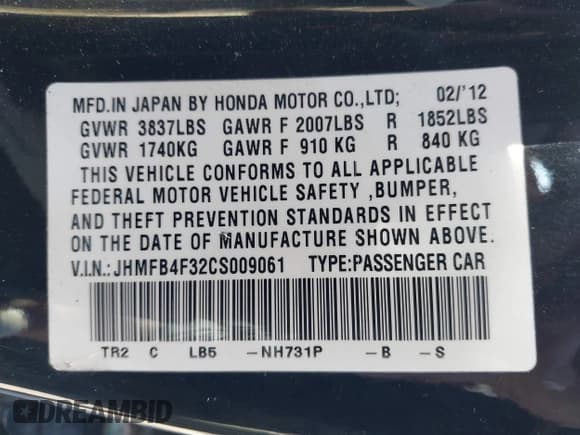 ✅ 2012 Honda Civic • VIN: JHMFB4F32CS009061 • Lot: 43514373. Wystawiony na IAAI z przebiegiem 250 553 mil. Bezpłatny archiwum sprzedaży aukcyjnych z USA i szczegółowy raport historii pojazdu na DreamBid. Zdjęcie 9.