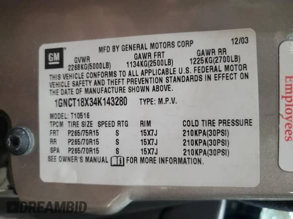 2004 Chevrolet Blazer LS с VIN 1GNCT18X34K143280, выставлен на аукционе Copart как лот 50494785 с пробегом Не указан миль и Списание • Salvage title. История ставок и продаж доступна на DreamBid. Изображение 12.