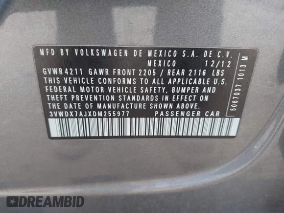 ✅ 2013 Volkswagen Jetta SE • VIN: 3VWDX7AJXDM255977 • Lot: 42194447. Listed on IAAI with 120,921 mi. Free auction sales archive from the USA and detailed vehicle history report at DreamBid. Image 9.