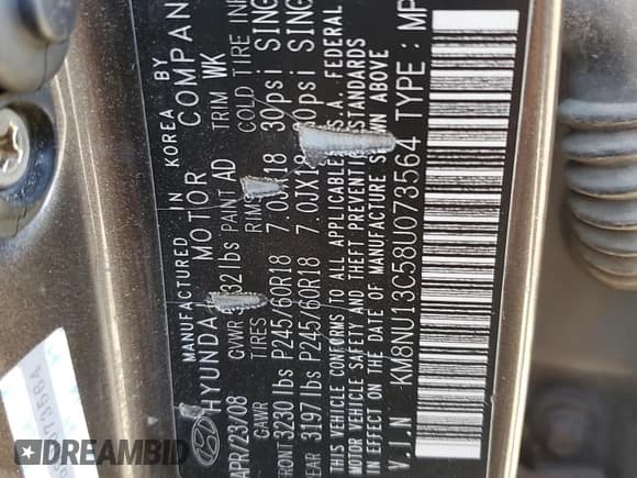 ✅ 2008 Hyundai Veracruz GLS • VIN: KM8NU13C58U073564 • Lot: 87407005. Listed on Copart with 204,884 mi. Free auction sales archive from the USA and detailed vehicle history report at DreamBid. Image 13.