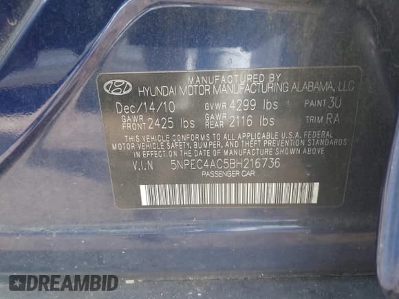 ✅ 2011 Hyundai Sonata Limited • VIN: 5NPEC4AC5BH216736 • Lot: 43529034. Listed on IAAI with 187,797 mi. Free auction sales archive from the USA and detailed vehicle history report at DreamBid. Image 9.