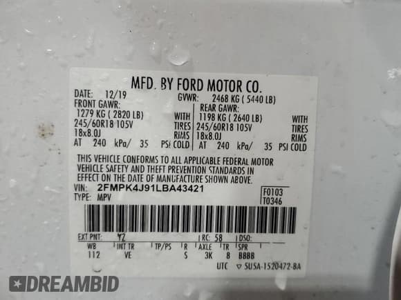 ✅ 2020 Ford Edge SEL • VIN: 2FMPK4J91LBA43421 • Лот: 91092555. Опубликован ранее на Copart с пробегом 64 635 миль. Бесплатный доступ к архиву аукционных продаж из США и подробный отчёт об истории автомобиля на DreamBid. Изображение 13.