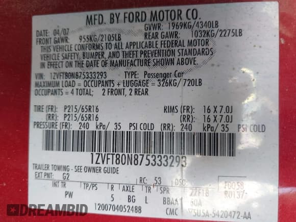 ✅ 2007 Ford Mustang Deluxe • VIN: 1ZVFT80N875333293 • Lot: 43703309. Listed on IAAI with 267,629 mi. Free auction sales archive from the USA and detailed vehicle history report at DreamBid. Image 9.