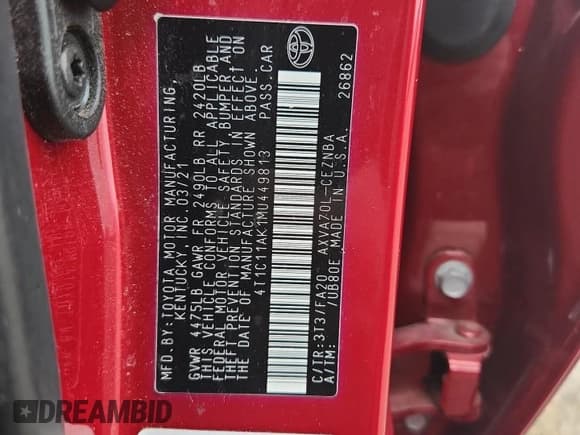 ✅ 2021 Toyota Camry LE • VIN: 4T1C11AK1MU449813 • Лот: 65882675. Опубликован ранее на Copart с пробегом 104 707 миль. Бесплатный доступ к архиву аукционных продаж из США и подробный отчёт об истории автомобиля на DreamBid. Изображение 12.