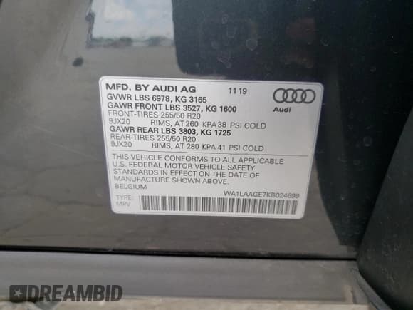 ✅ 2019 Audi e-tron Premium Plus • VIN: WA1LAAGE7KB024699 • Lot: 53759883. Wystawiony na Copart z przebiegiem 19 340 mil. Bezpłatny archiwum sprzedaży aukcyjnych z USA i szczegółowy raport historii pojazdu na DreamBid. Zdjęcie 14.