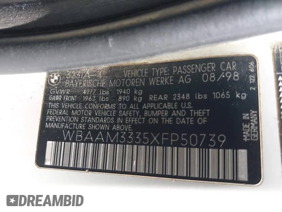 1999 BMW 3 Series 323i с VIN WBAAM3335XFP50739, выставлен на аукционе IAAI как лот 43147373 с пробегом Не указан миль и . История ставок и продаж доступна на DreamBid. Изображение 9.