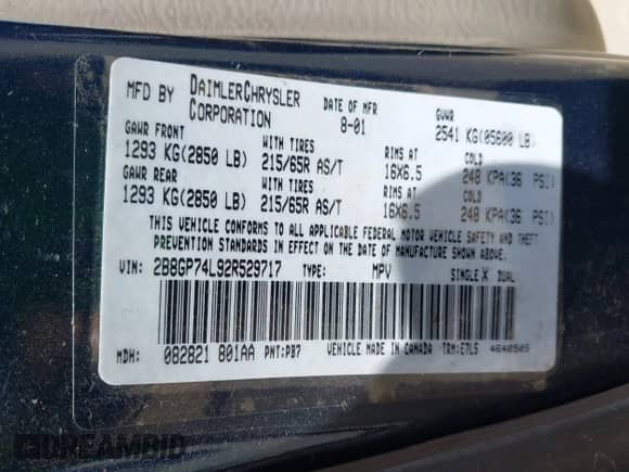 2002 Dodge Caravan EX с VIN 2B8GP74L92R529717, выставлен на аукционе IAAI как лот 42478226 с пробегом Не указан миль и . История ставок и продаж доступна на DreamBid. Изображение 9.