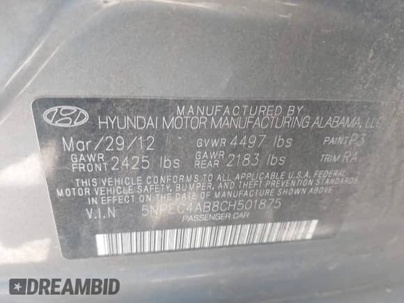 2012 Hyundai Sonata SE with VIN 5NPEC4AB8CH501875, listed as a IAAI auction lot 43455811 with 219,934 mi miles and . Bid and sale history available at DreamBid. Image 9.