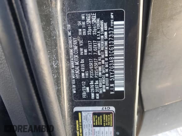 ✅ 2012 Hyundai Santa Fe GLS • VIN: 5XYZG3AB1CG137337 • Lot: 85203175. Listed on Copart with 172,979 mi. Free auction sales archive from the USA and detailed vehicle history report at DreamBid. Image 14.