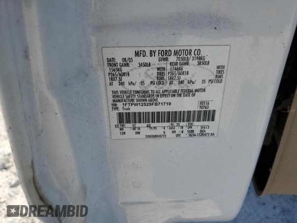 ✅ 2005 Ford F-150 XLT • VIN: 1FTPW12525FB71719 • Lot: 61450885. Listed on Copart with 326,819 mi. Free auction sales archive from the USA and detailed vehicle history report at DreamBid. Image 12.