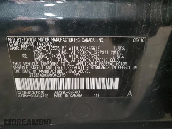 ✅ 2010 Toyota RAV4 • VIN: 2T3ZF4DVXAW042319 • Lot: 92885305. Listed on Copart with 129,466 mi. Free auction sales archive from the USA and detailed vehicle history report at DreamBid. Image 13.