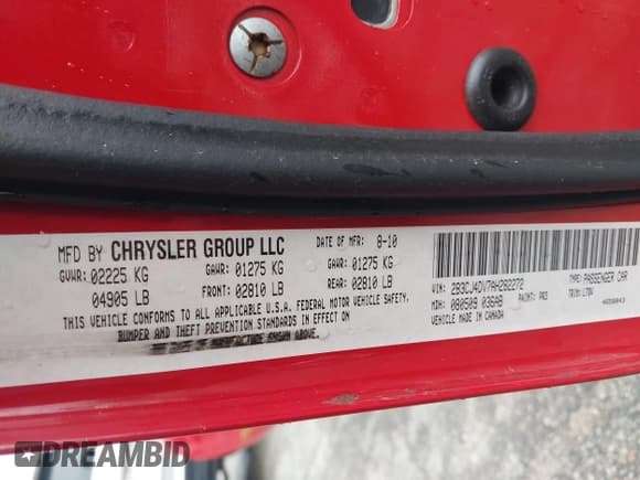 ✅ 2010 Dodge Challenger SE • VIN: 2B3CJ4DV7AH282272 • Lot: 43482588. Listed on IAAI with 193,000 mi. Free auction sales archive from the USA and detailed vehicle history report at DreamBid. Image 9.