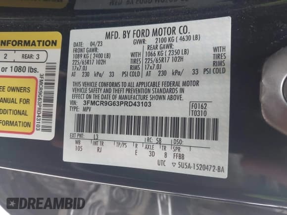 ✅ 2023 Ford Bronco Sport Heritage • VIN: 3FMCR9G63PRD43103 • Lot: 43144995. Listed on IAAI with 41,569 mi. Free auction sales archive from the USA and detailed vehicle history report at DreamBid. Image 9.