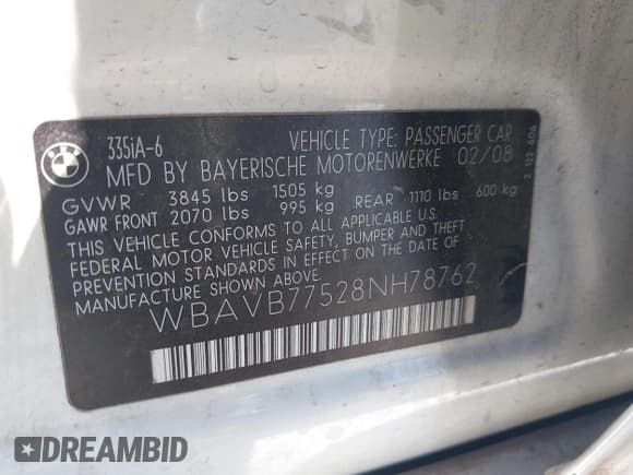 ✅ 2008 BMW 3 Series 335i • VIN: WBAVB77528NH78762 • Лот: 42414203. Опубликован ранее на IAAI с пробегом 138 115 миль. Бесплатный доступ к архиву аукционных продаж из США и подробный отчёт об истории автомобиля на DreamBid. Изображение 9.