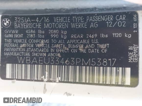 2003 BMW 3 Series 325xi with VIN WBAEU33463PM53817, listed as a IAAI auction lot 42067341 with 248,701 mi miles and . Bid and sale history available at DreamBid. Image 9.
