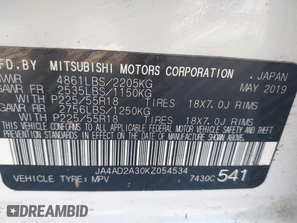 ✅ 2019 Mitsubishi Outlander ES • VIN: JA4AD2A30KZ054534 • Lot: 43783251. Listed on IAAI with 183,463 mi. Free auction sales archive from the USA and detailed vehicle history report at DreamBid. Image 9.