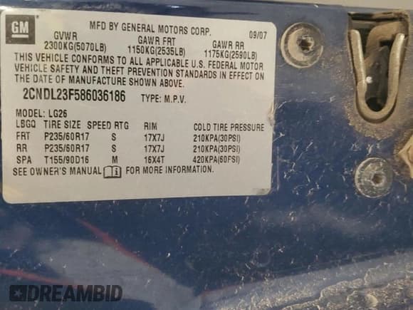 ✅ 2008 Chevrolet Equinox LS • VIN: 2CNDL23F586036186 • Лот: 52630195. Опубликован ранее на Copart с пробегом 99 356 миль. Бесплатный доступ к архиву аукционных продаж из США и подробный отчёт об истории автомобиля на DreamBid. Изображение 14.