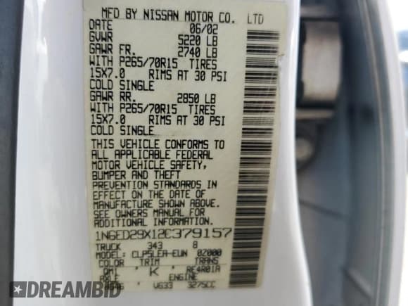 ✅ 2002 Nissan Frontier XE • VIN: 1N6ED29X12C379157 • Lot: 57347215. Listed on Copart with 206,559 mi. Free auction sales archive from the USA and detailed vehicle history report at DreamBid. Image 12.