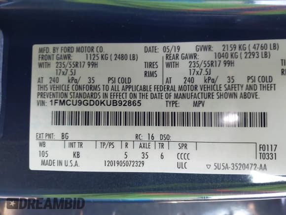 ✅ 2019 Ford Escape SE • VIN: 1FMCU9GD0KUB92865 • Lot: 43858499. Wystawiony na IAAI z przebiegiem 65 784 mil. Bezpłatny archiwum sprzedaży aukcyjnych z USA i szczegółowy raport historii pojazdu na DreamBid. Zdjęcie 9.