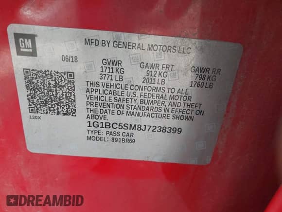 2018 Chevrolet Cruze LS with VIN 1G1BC5SM8J7238399, listed as a IAAI auction lot 43349933 with 95,140 mi miles and . Bid and sale history available at DreamBid. Image 9.