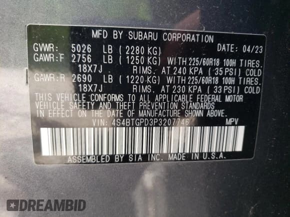 ✅ 2023 Subaru Outback Touring XT • VIN: 4S4BTGPD3P3207746 • Lot: 60961555. Listed on Copart with Not provided. Free auction sales archive from the USA and detailed vehicle history report at DreamBid. Image 13.