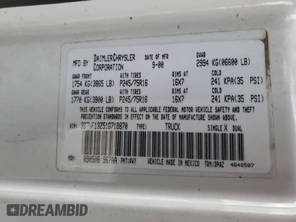 2001 Dodge 1500 с VIN 3B7HF13Z51G718870, выставлен на аукционе Copart как лот 82295194 с пробегом 170 442 миль миль и Чистый • Clean title. История ставок и продаж доступна на DreamBid. Изображение 12.