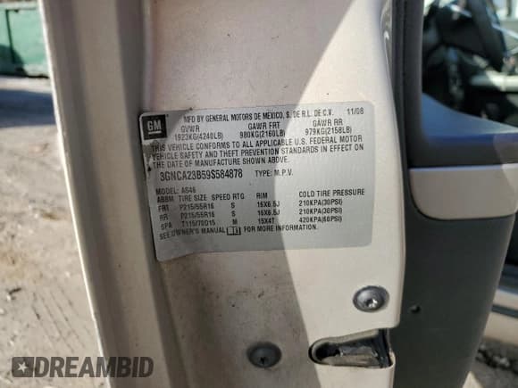 ✅ 2009 Chevrolet HHR 1LT • VIN: 3GNCA23B59S584878 • Lot: 86342144. Listed on Copart with 139,412 mi. Free auction sales archive from the USA and detailed vehicle history report at DreamBid. Image 13.