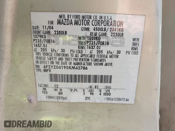 ✅ 2005 Mazda Tribute S • VIN: 4F2YZ04195KM43786 • Lot: 43575681. Wystawiony na IAAI z przebiegiem 212 773 mil. Bezpłatny archiwum sprzedaży aukcyjnych z USA i szczegółowy raport historii pojazdu na DreamBid. Zdjęcie 9.