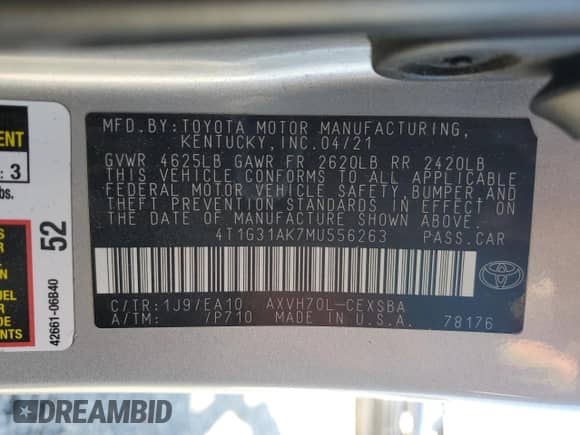 2021 Toyota Camry Hybrid SE с VIN 4T1G31AK7MU556263, выставлен на аукционе Copart как лот 84229075 с пробегом 104 650 миль миль и Списание • Salvage title. История ставок и продаж доступна на DreamBid. Изображение 13.