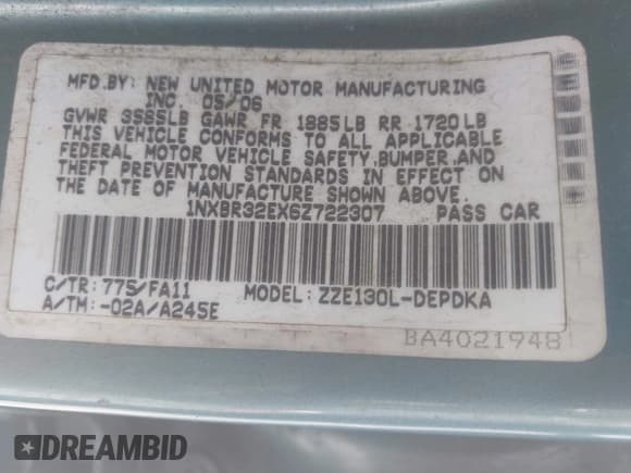 ✅ 2006 Toyota Corolla CE • VIN: 1NXBR32EX6Z722307 • Lot: 42545906. Listed on IAAI with 299,999 mi. Free auction sales archive from the USA and detailed vehicle history report at DreamBid. Image 9.