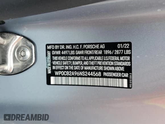 ✅ 2022 Porsche 911 Carrera S • VIN: WP0CB2A96NS244568 • Lot: 54375422. Listed on Copart with 2,211 mi. Free auction sales archive from the USA and detailed vehicle history report at DreamBid. Image 10.