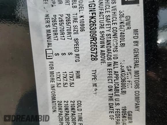 ✅ 2009 Chevrolet Suburban 1LT • VIN: 1GNFK26309R265728 • Lot: 46809654. Wystawiony na Copart z przebiegiem 308 730 mil. Bezpłatny archiwum sprzedaży aukcyjnych z USA i szczegółowy raport historii pojazdu na DreamBid. Zdjęcie 14.