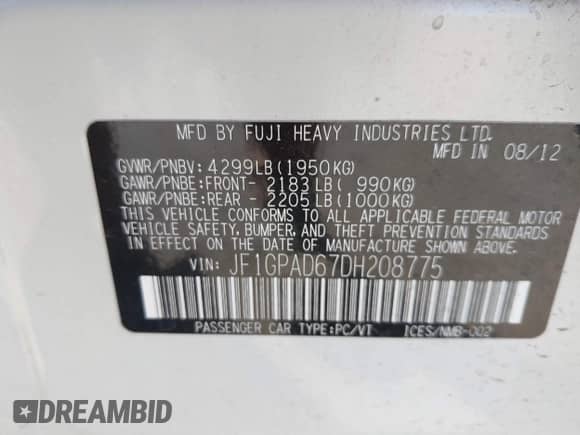 2013 Subaru Impreza Premium with VIN JF1GPAD67DH208775, listed as a IAAI auction lot 43498019 with 134,647 mi miles and . Bid and sale history available at DreamBid. Image 9.