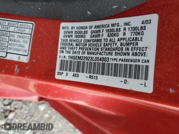 ✅ 2003 Honda Civic EX • VIN: 1HGEM22923L054003 • Лот: 55843925. Опубликован ранее на Copart с пробегом Не указан. Бесплатный доступ к архиву аукционных продаж из США и подробный отчёт об истории автомобиля на DreamBid. Изображение 12.