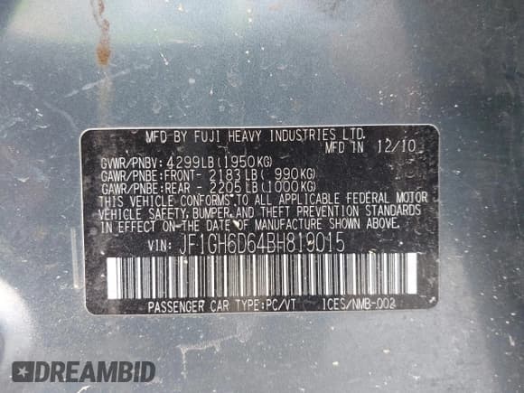 ✅ 2011 Subaru Impreza Outback Special Sports • VIN: JF1GH6D64BH819015 • Lot: 42158515. Listed on IAAI with 156,723 mi. Free auction sales archive from the USA and detailed vehicle history report at DreamBid. Image 9.